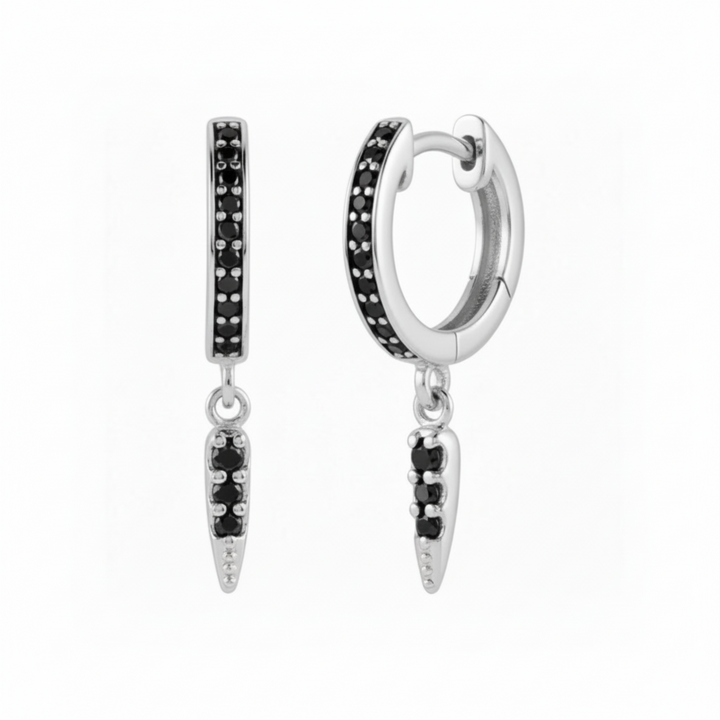 Black Diamond Hoop Earrings | 14K Gold Huggies with Arrow Dangle | Single or Pair