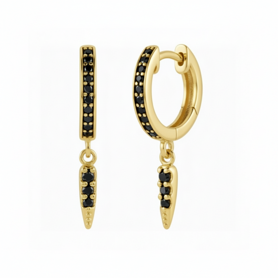 Black Diamond Hoop Earrings | 14K Gold Huggies with Arrow Dangle | Single or Pair