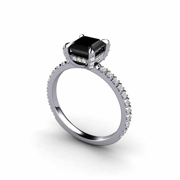 Black Diamond ring in Platinum with hidden diamond solitaire engagement ring.
