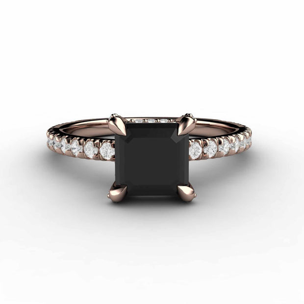 Black Diamond princess cut engagement ring in a four prong french pave diamond setting with claw prongs.