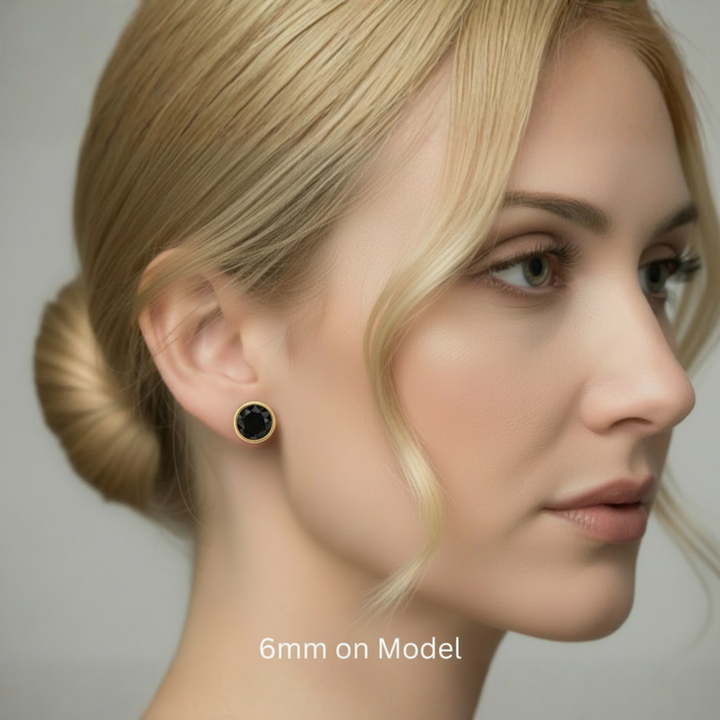 6mm black onyx stud earring in contemporary tubular bezel setting, black gemstone studs in matte 14K gold | Rare Earth Jewelry