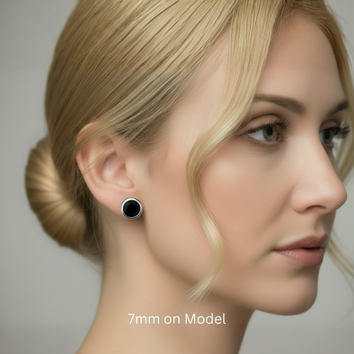 14K Gold Modern bezel set black onyx earring, 7mm Round stud on Model | Rare Earth Jewelry