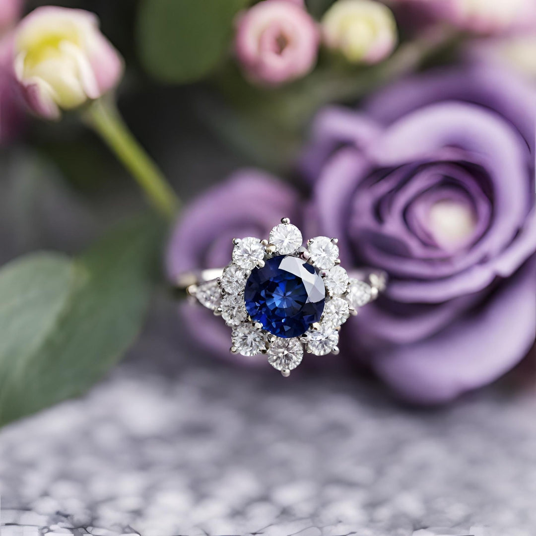 A flower-shaped blue sapphire and diamond engagement ring with a vintage inspired design from Rare Earth Jewelry.