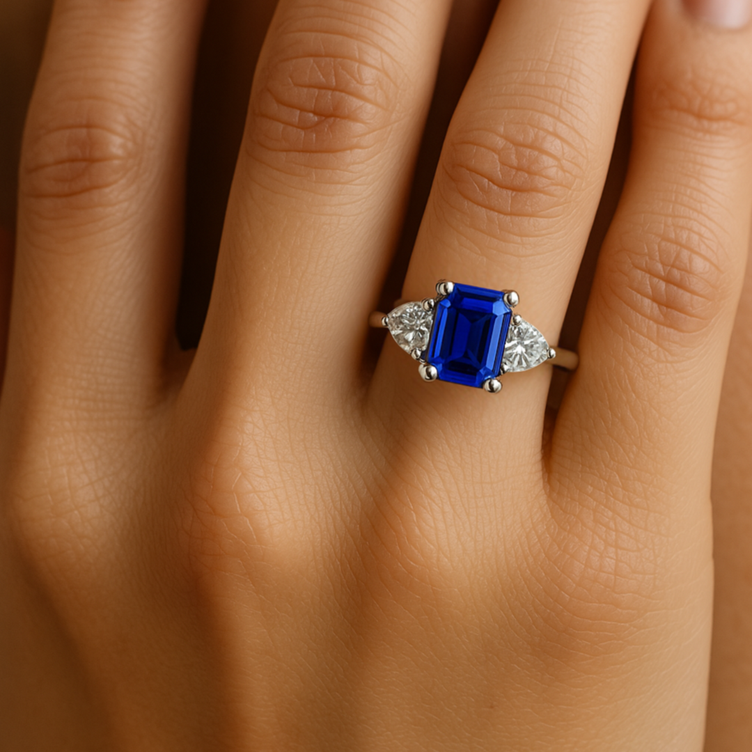 Emerald cut blue sapphire engagement ring in a three stone design with diamond trillions shown on the finger | Rare Earth Jewelry
