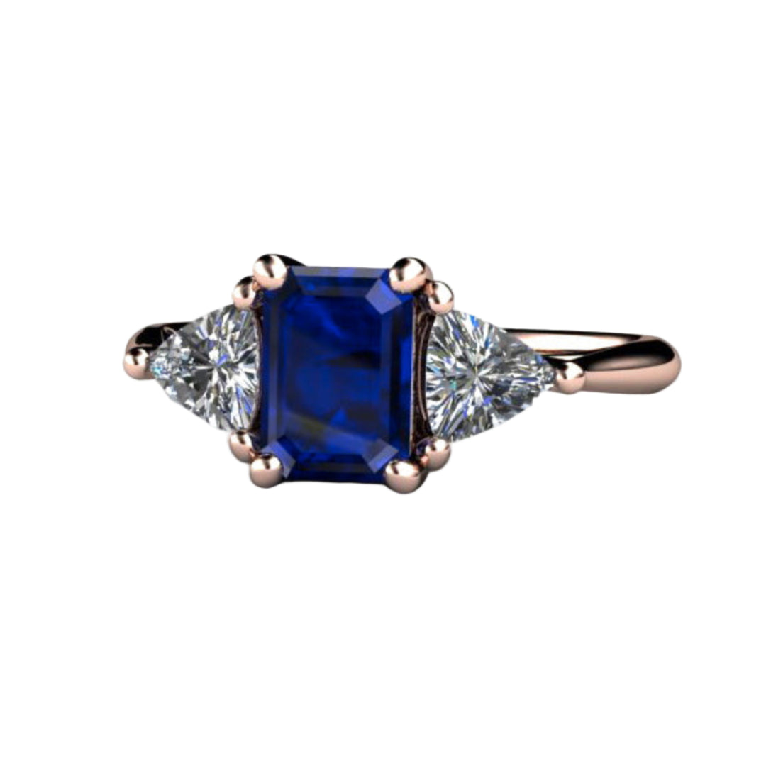 Blue Sapphire Engagement Ring 3 Stone Style with Emerald Cut Sapphire and Diamond Trillions in Rose Gold, September Birthstone Jewelry from Rare Earth Jewelry