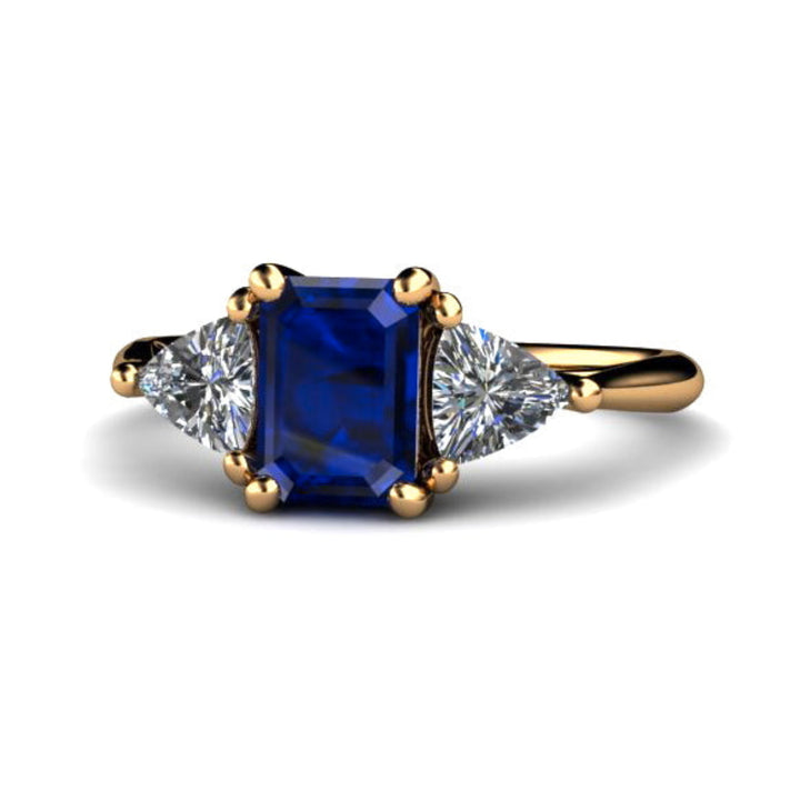 Blue Sapphire Engagement Ring 3 Stone Style with Emerald Cut Sapphire and Diamond Trillions in Yellow Gold, September Birthstone Jewelry from Rare Earth Jewelry