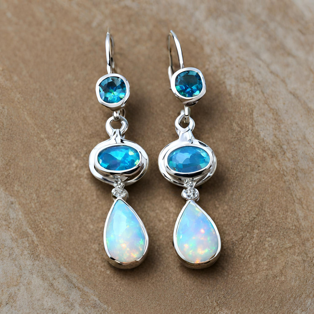 Blue Topaz and Opal Earrings in a Leverback Dangle Style from Rare Earth Jewelry.