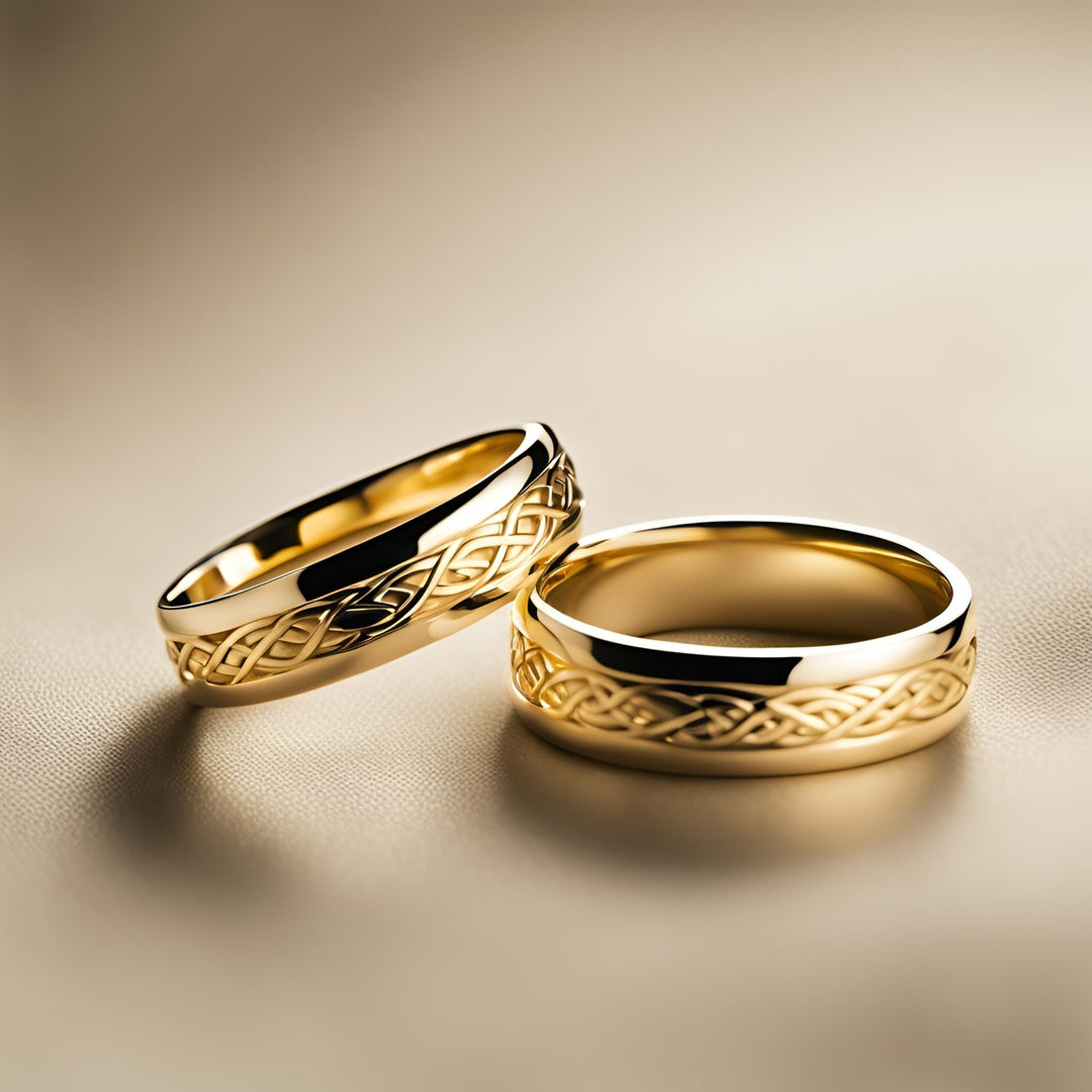 A pair of Celtic design wedding bands with a knot pattern.  Custom wedding rings from Rare Earth Jewelry.