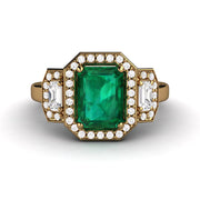 Chatham emerald ring in 18K yellow gold, affordable big emerald engagement ring with lab created stones.