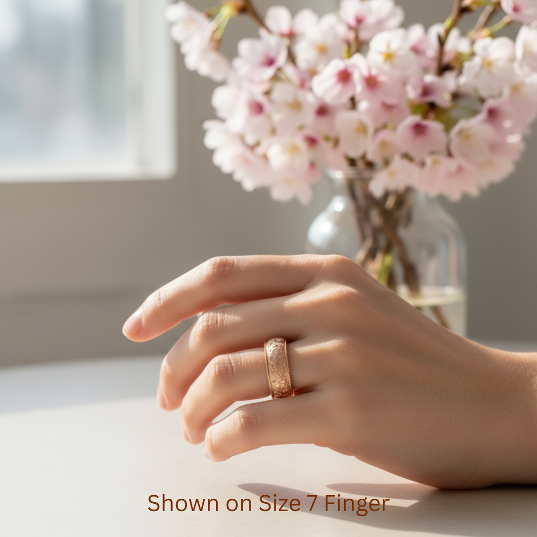 Cherry blossom flower engraved ring, vintage-style botanical floral wedding ring, nature inspired wedding band, 8mm wide band on size 7 finger | Rare Earth Jewelry