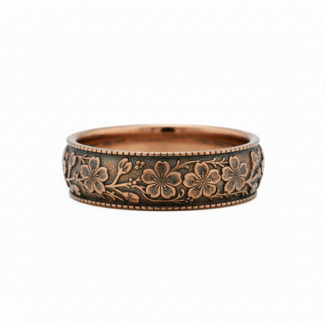 Cherry Blossom Flower Wedding Band | Vintage Style Engraved Floral Ring in 14K Gold