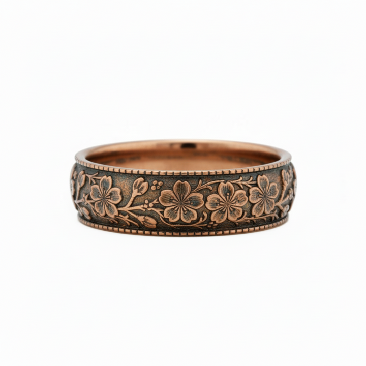 Cherry Blossom Flower Wedding Band | Vintage Style Engraved Floral Ring in 14K Gold