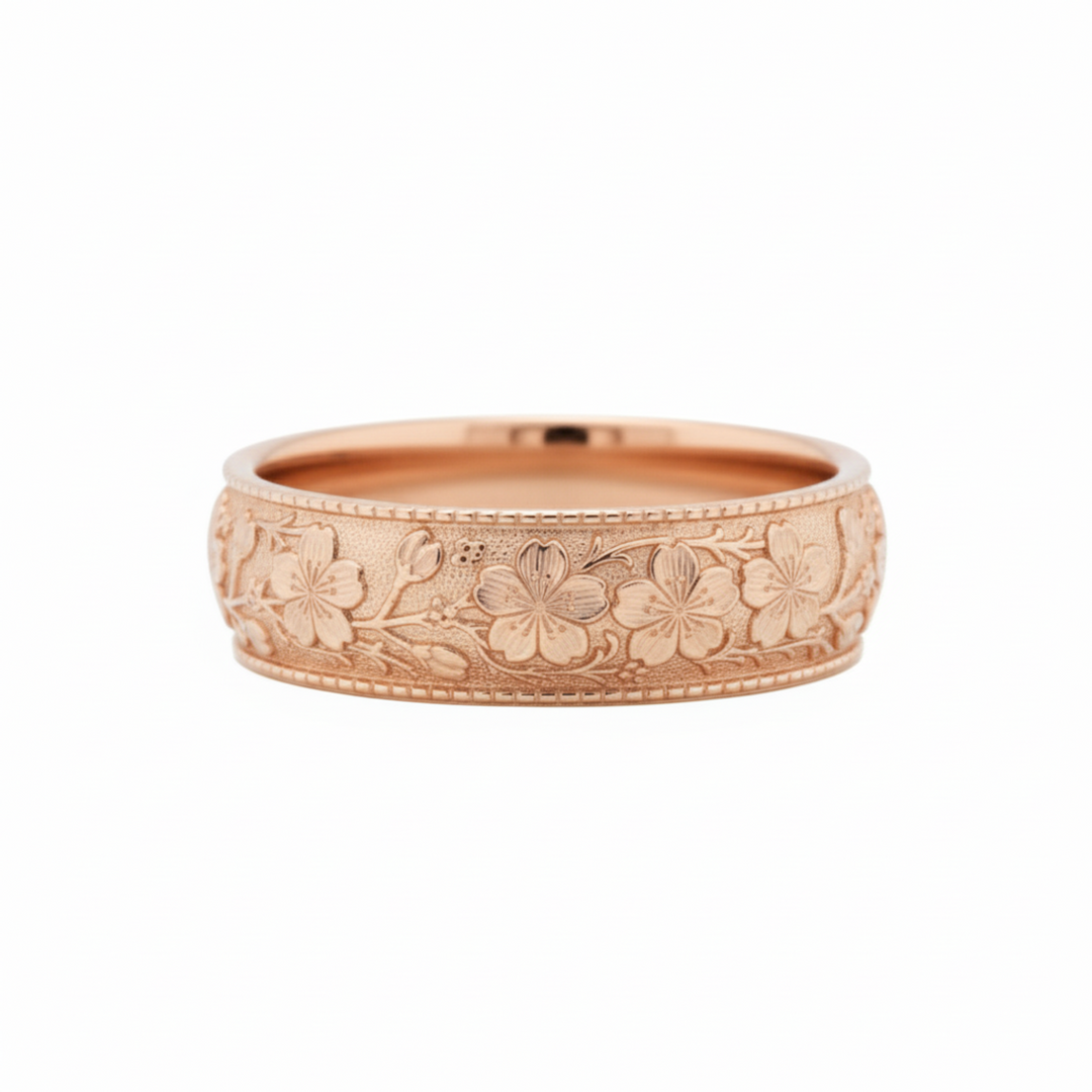 Cherry blossom flower engraved ring, vintage-style botanical floral wedding ring, nature inspired wedding band, 8mm wide band in 14K Rose Gold | Rare Earth Jewelry