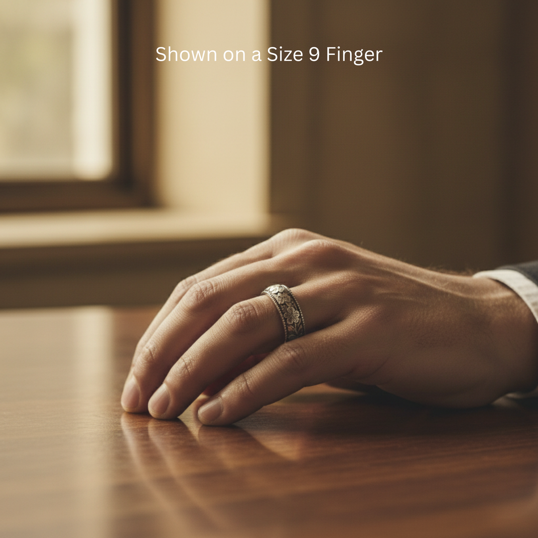 Cherry Blossom Flower Wedding Band Vintage Style Engraved Floral Wedding Ring in 14K White Gold with Antique Patina.  8mm Comfort Fit Band Shown on a Men's Size 9 Finger | Rare Earth Jewelry