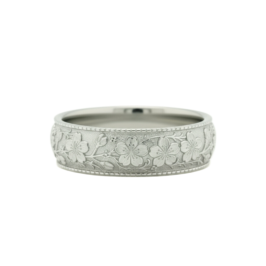 Cherry blossom flower wedding band, Vintage style engraved floral ring, nature inspired botanical ring, 8mm wide in 14K White Gold | Rare Earth Jewelry