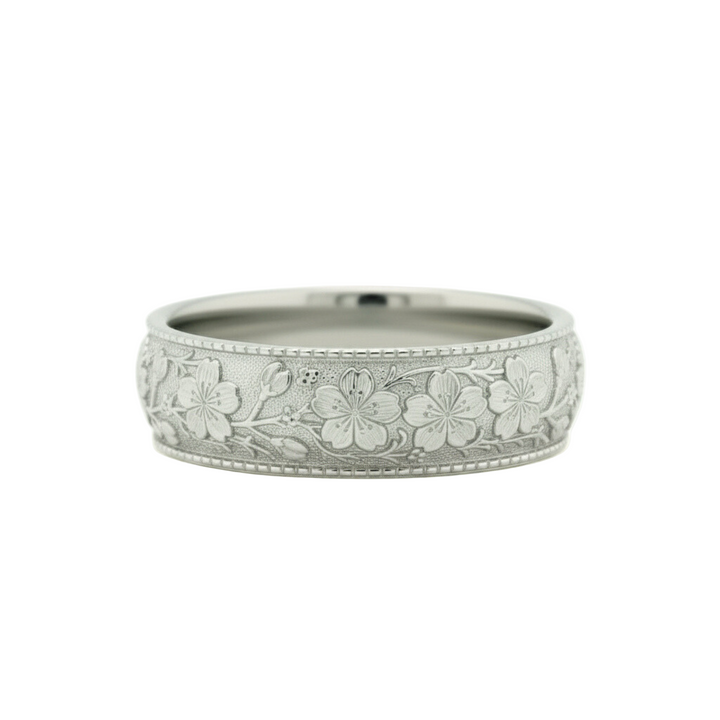 Cherry blossom flower wedding band, Vintage style engraved floral ring, nature inspired botanical ring, 8mm wide in 14K White Gold | Rare Earth Jewelry