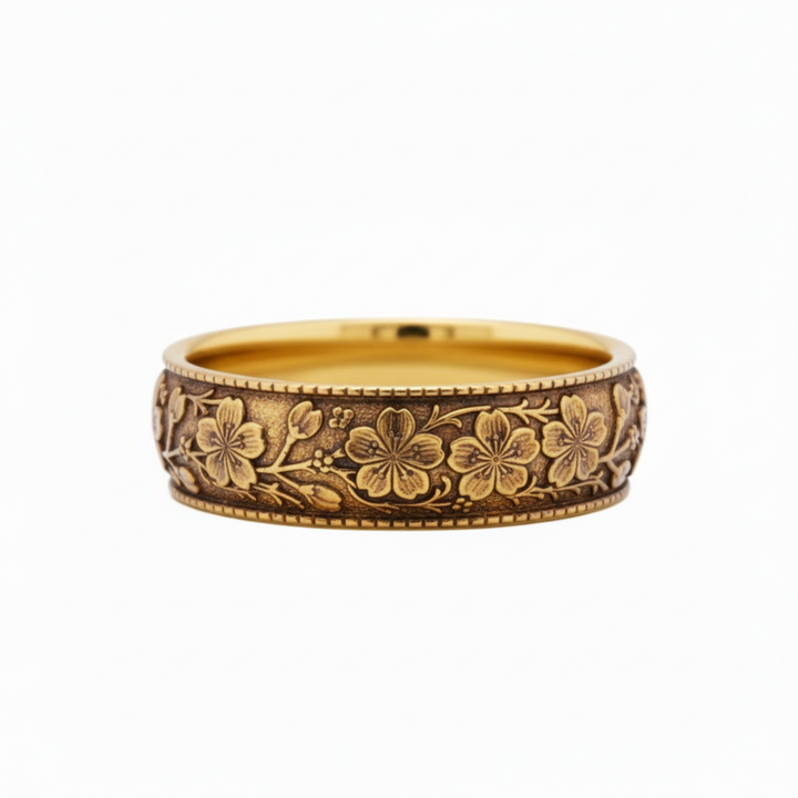 Cherry Blossom Flower Wedding Band | Vintage Style Engraved Floral Ring in 14K Gold