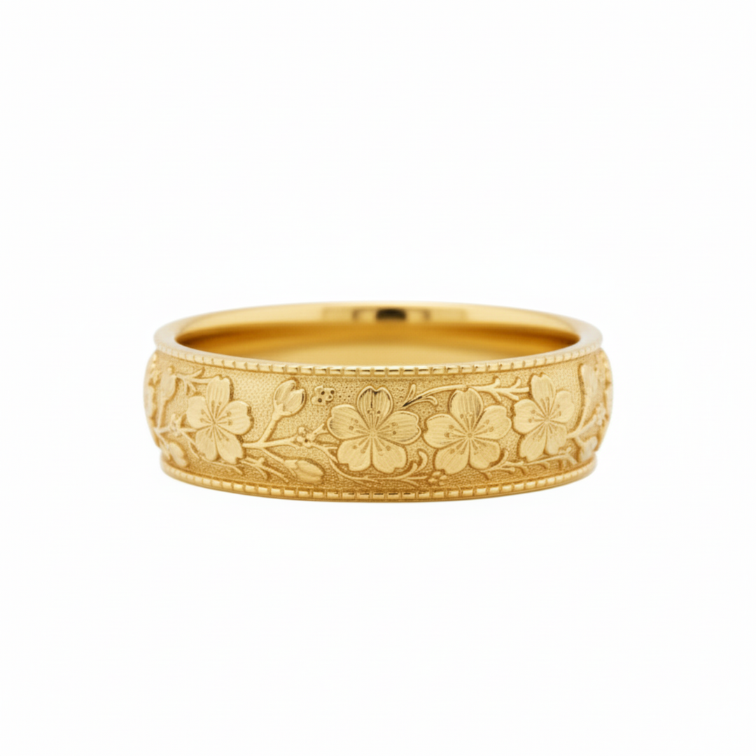 Engraved cherry blossom flower wedding band, botanical floral pattern ring, wedding ring with nature inspired design, 8mm wide band in 14K Yellow Gold | Rare Earth Jewelry