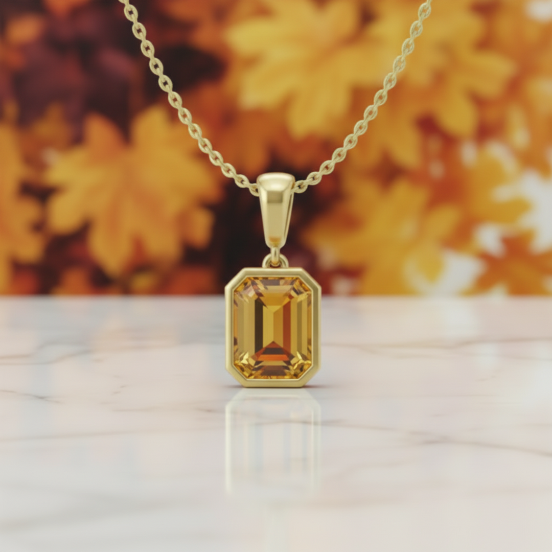citrine necklace emerald cut 14k yellow gold bezel pendant, November birthday gift or push present | Rare Earth Jewelry