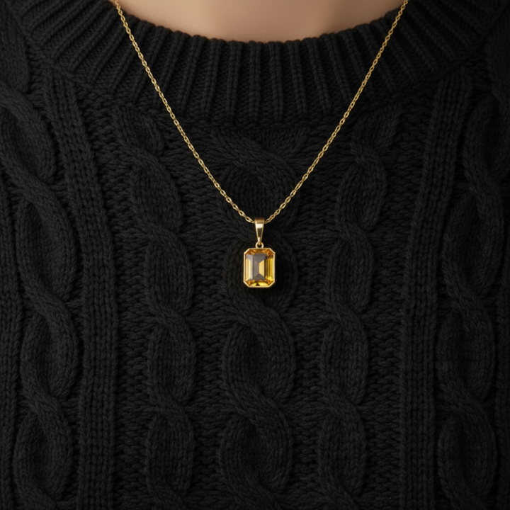 citrine necklace in 14k yellow gold bezel on sweater emerald cut golden yellow pendant | Rare Earth Jewelry