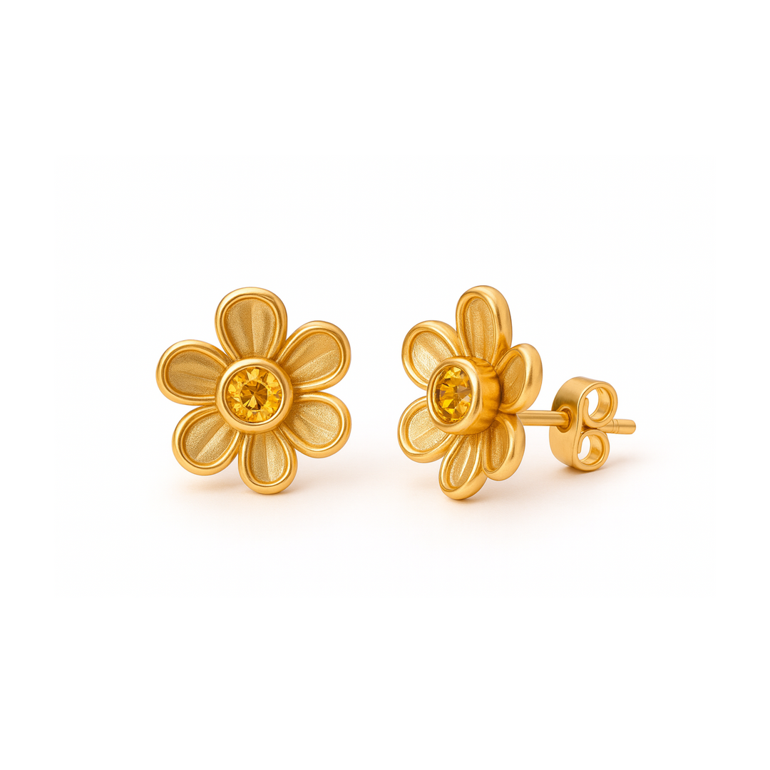 Natural Citrine Stud Earrings in a Floral Design, Dainty Flower Shaped November Birthstone Earrings, November Birthday Gift or Push Present, Available in 14K Gold or 18K Gold | Rare Earth Jewelry