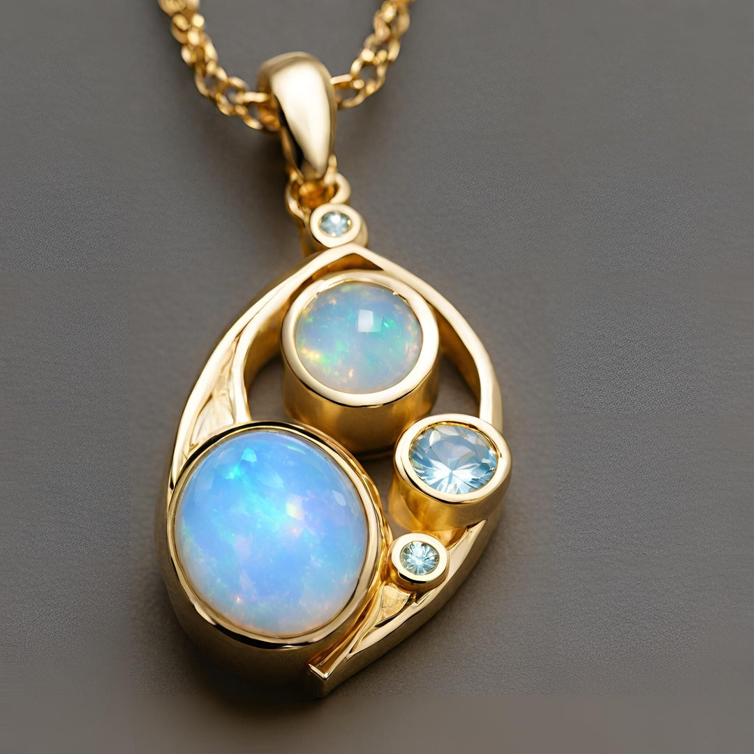 A contemporary Opal and Aquamarine Pendant in a Geometric Multi-Stone Design in 14K Gold from Rare Earth Jewelry.