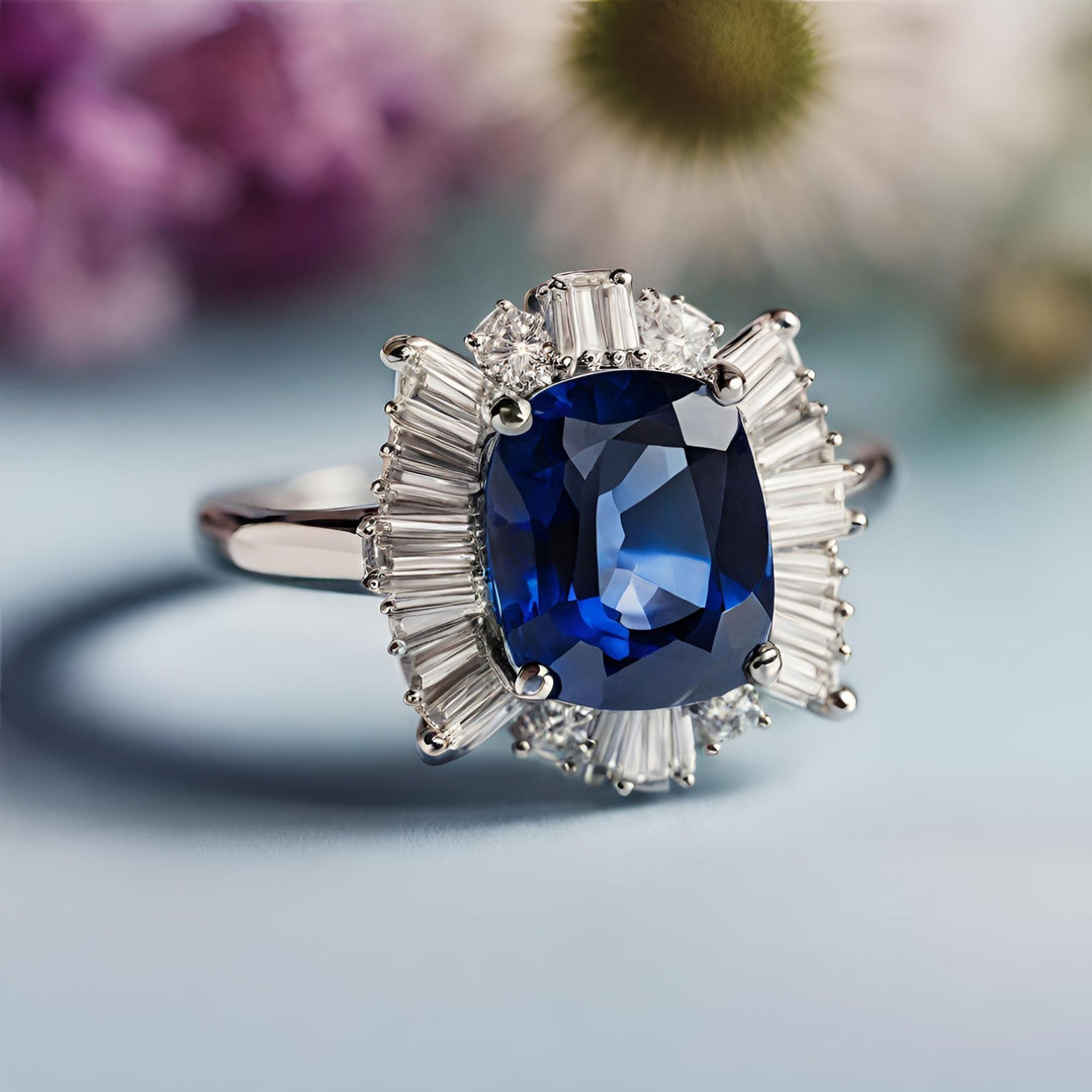 A cushion cut deep blue sapphire engagement ring encircled with diamond baguettes from Rare Earth Jewelry.