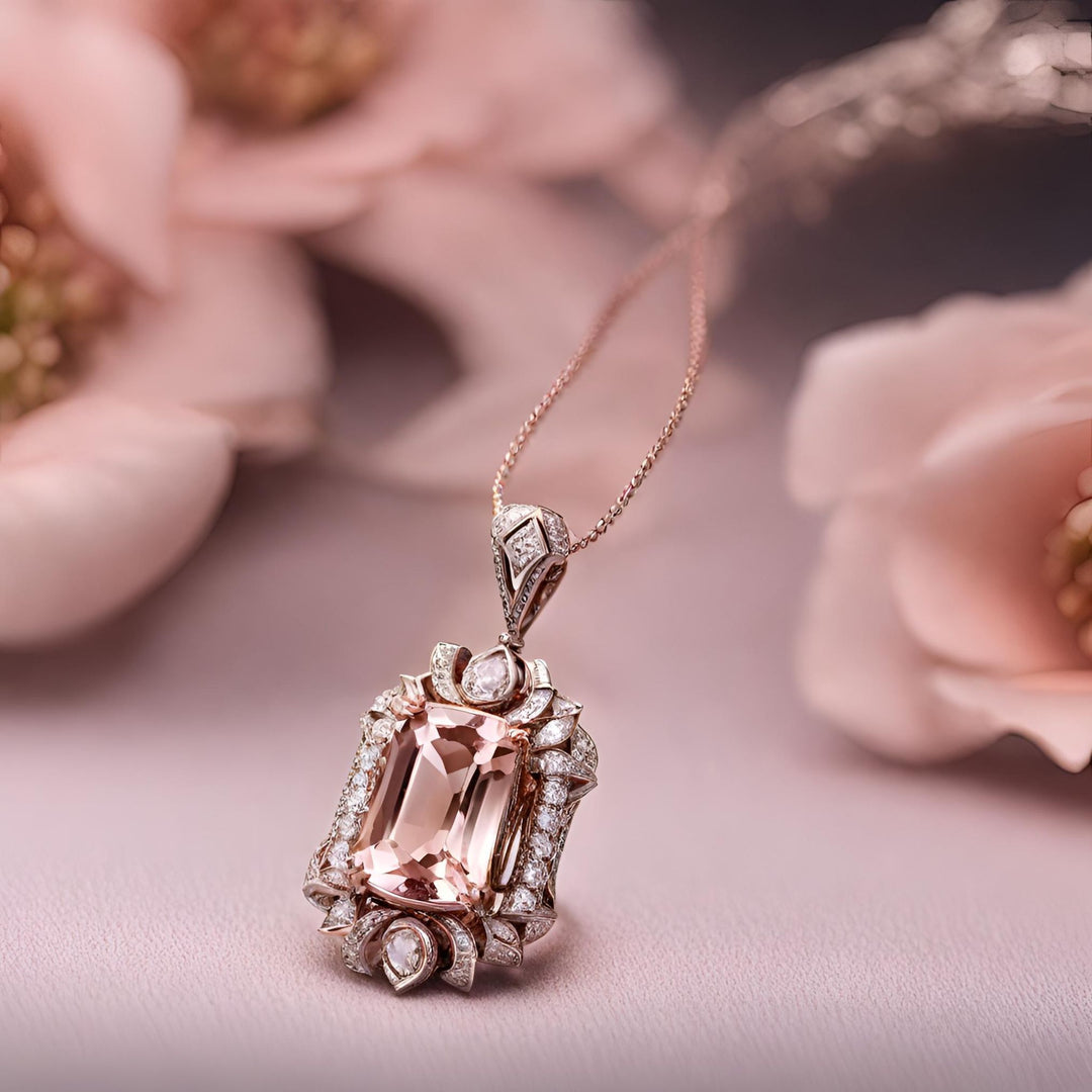 A cushion cut Morganite and diamond necklace with an Art Deco inspired antique design studded with diamonds from Rare Earth Jewelry.