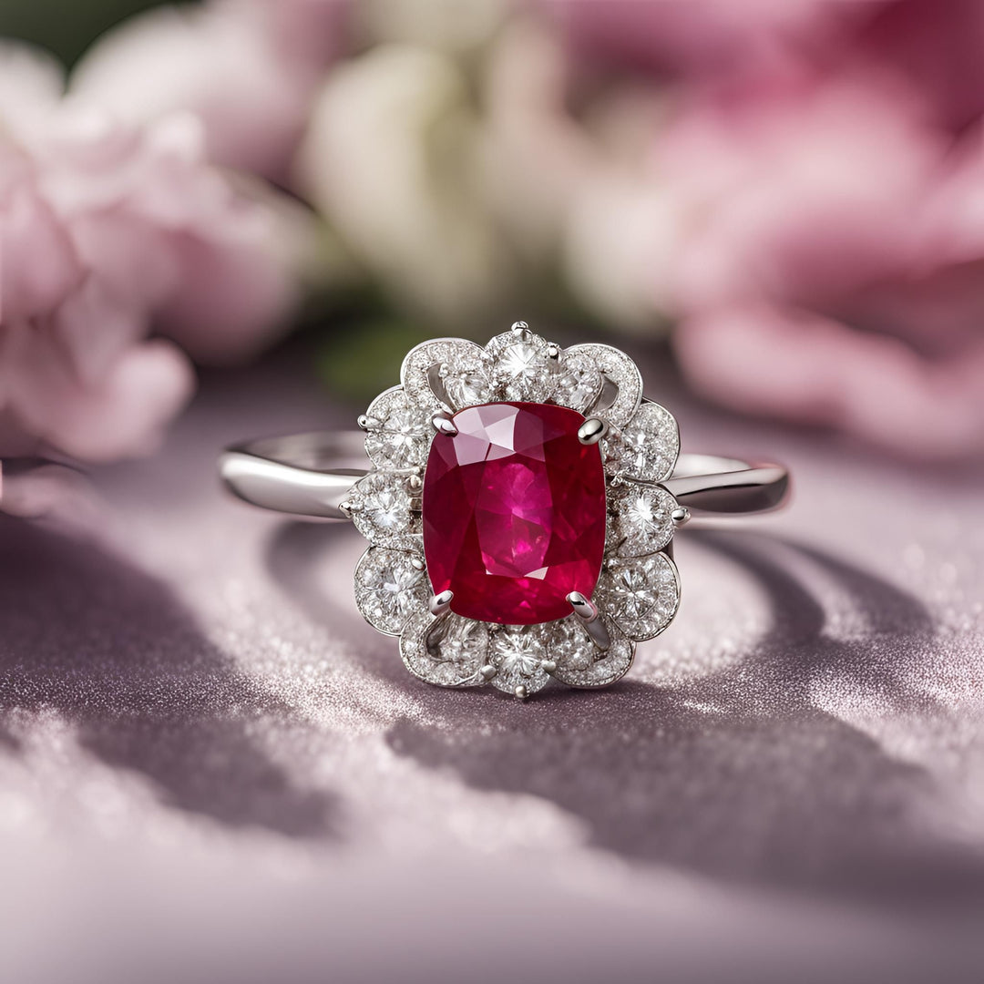 A cushion cut natural ruby ring with a vintage style pave diamond halo design in white gold from Rare Earth Jewelry.