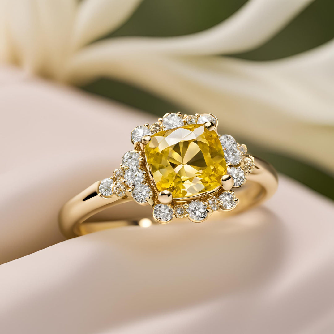 A cushion cut yellow sapphire engagement ring with diamonds in 14K or 18K Gold from Rare Earth Jewelry.