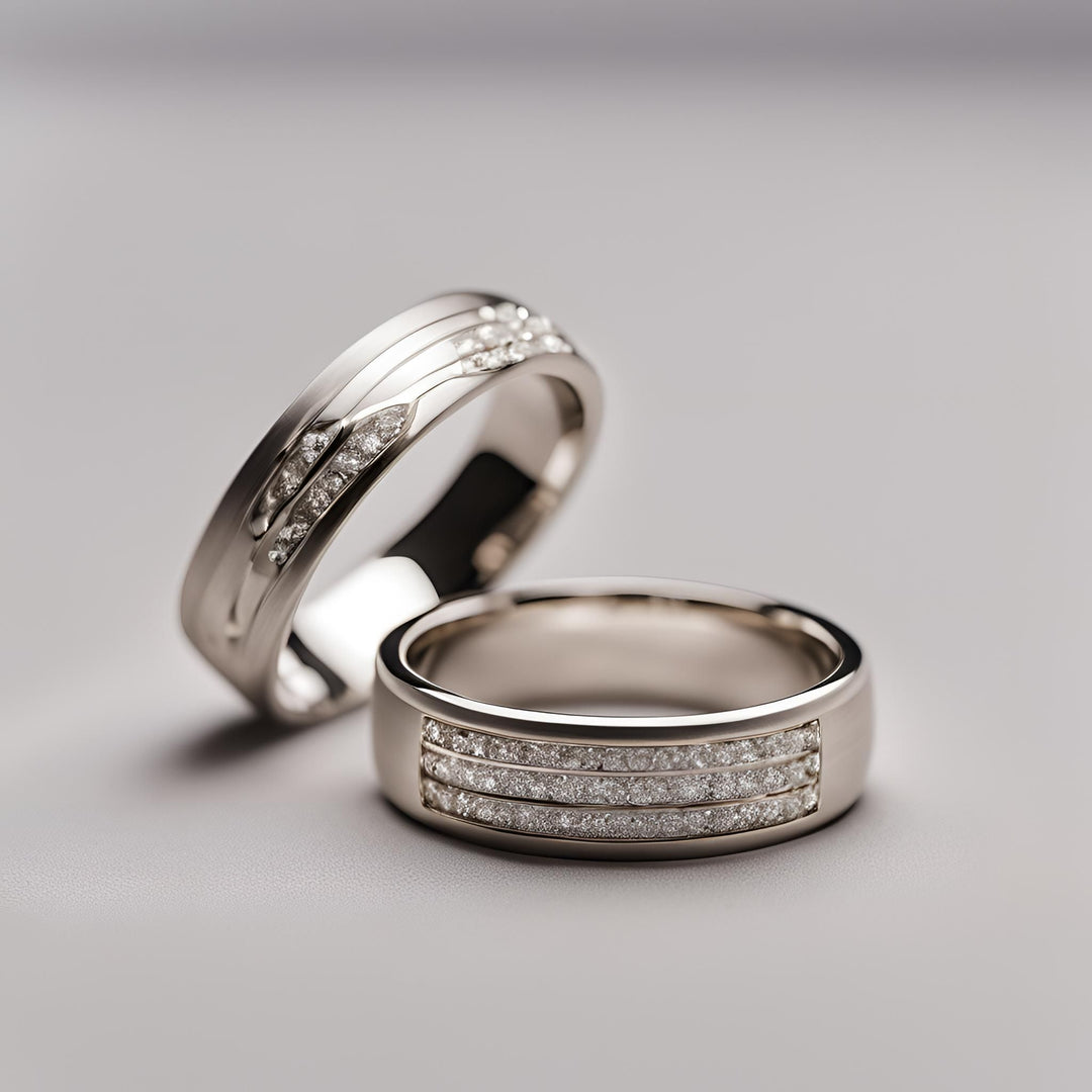 Men's and women's custom wedding rings with diamonds, one with three rows and one with a random mobius pattern from Rare Earth Jewelry.