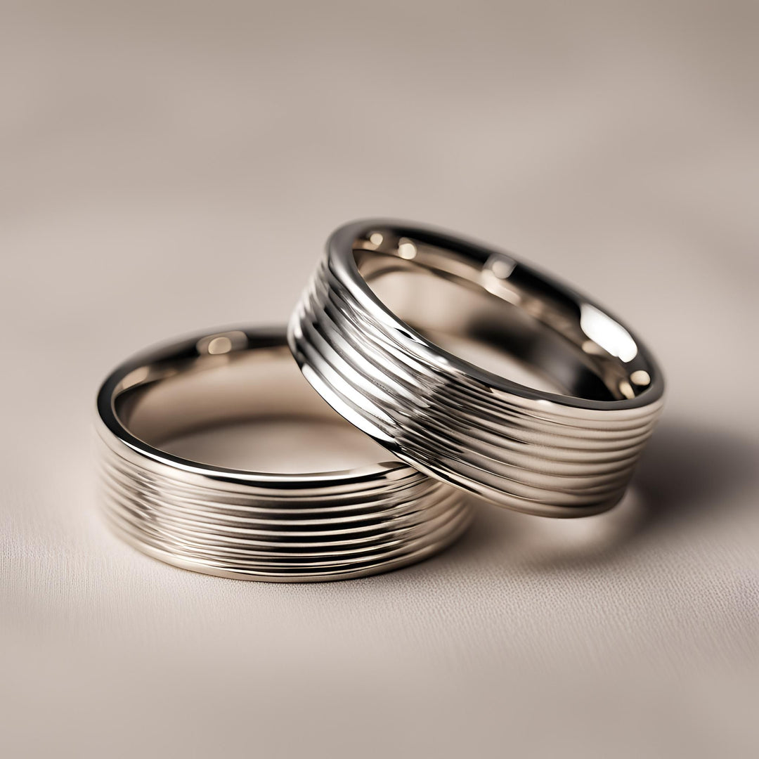 Custom wedding bands with a modern ribbed and stacked design from Rare Earth Jewelry.