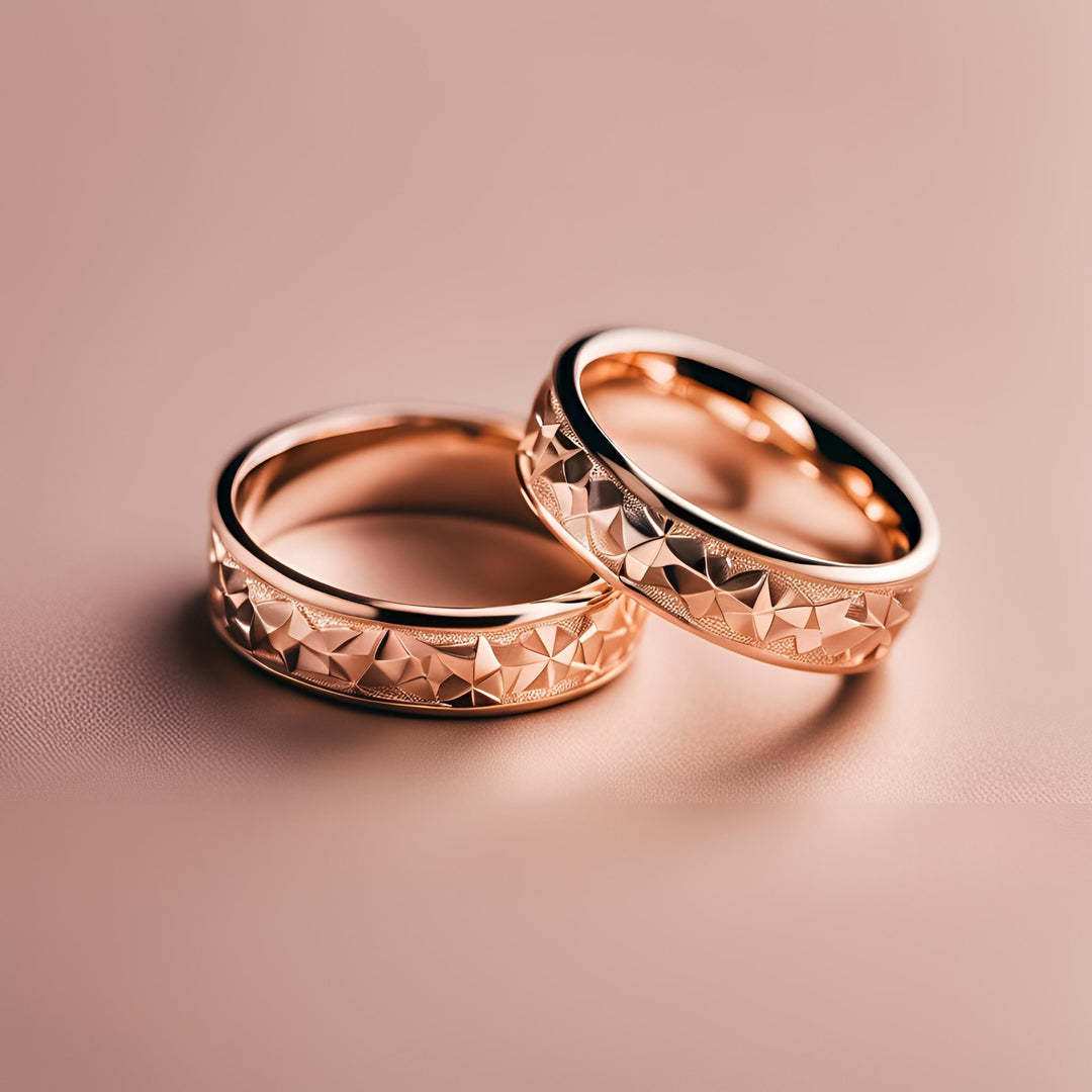 Custom wedding rings with a modern geometric star design in rose gold from Rare Earth Jewelry.