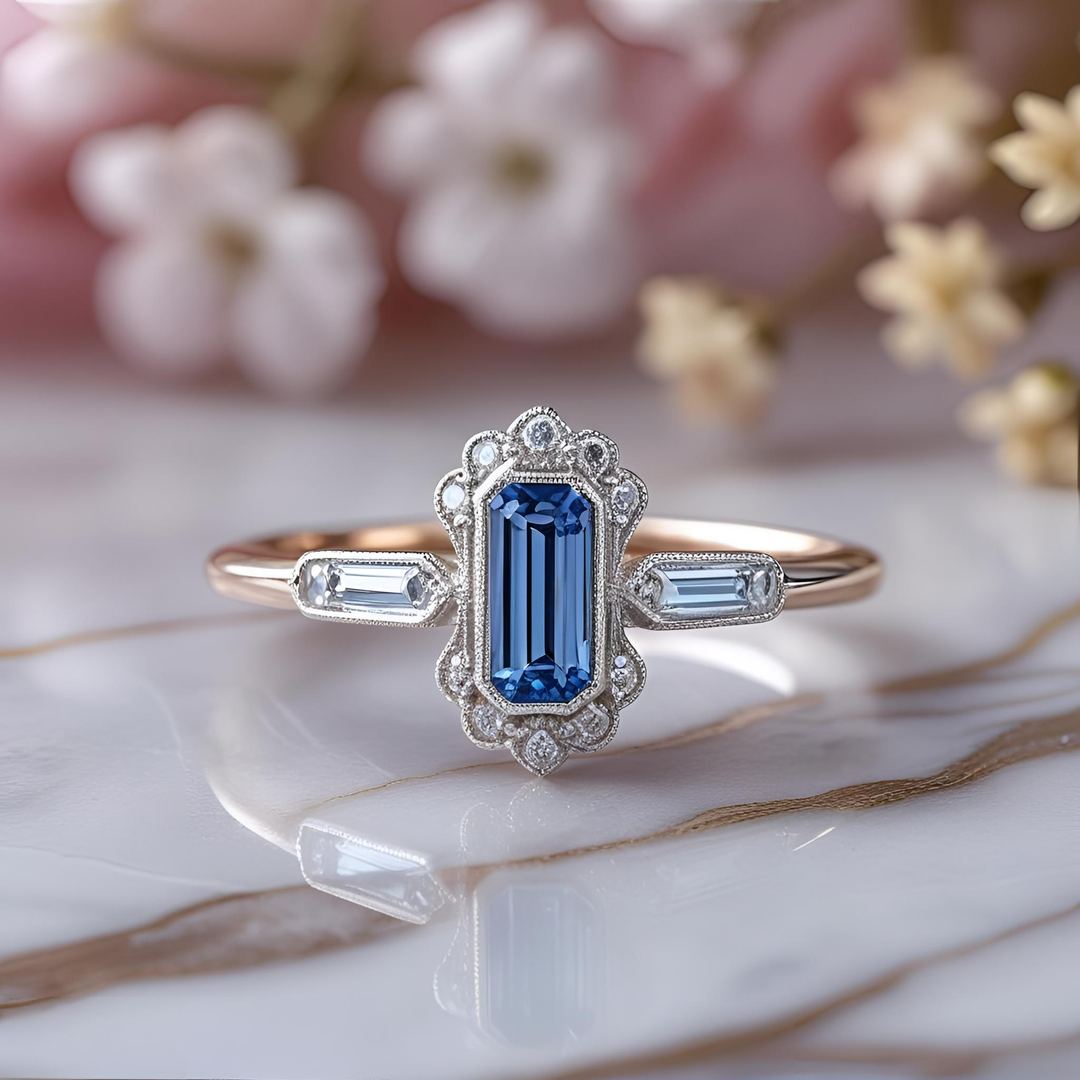 Dainty Blue Sapphire Engagement Ring, Ceylon Blue Sapphire Ring with Diamond Baguettes, Edwardian Inspired Sapphire Ring with Milgrain and Scalloped Halo, Feminine Vintage Sapphire Engagement Ring | Unique Custom Engagement Rings | Rare Earth Jewelry