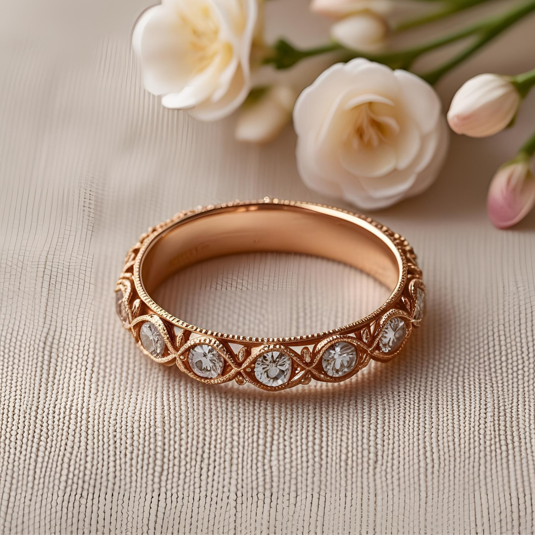 Diamond wedding ring or anniversary band with lace-inspired openwork design, round diamonds, vintage milgrain accents, and romantic Edwardian style. Unique Custom Wedding Rings | Rare Earth Jewelry