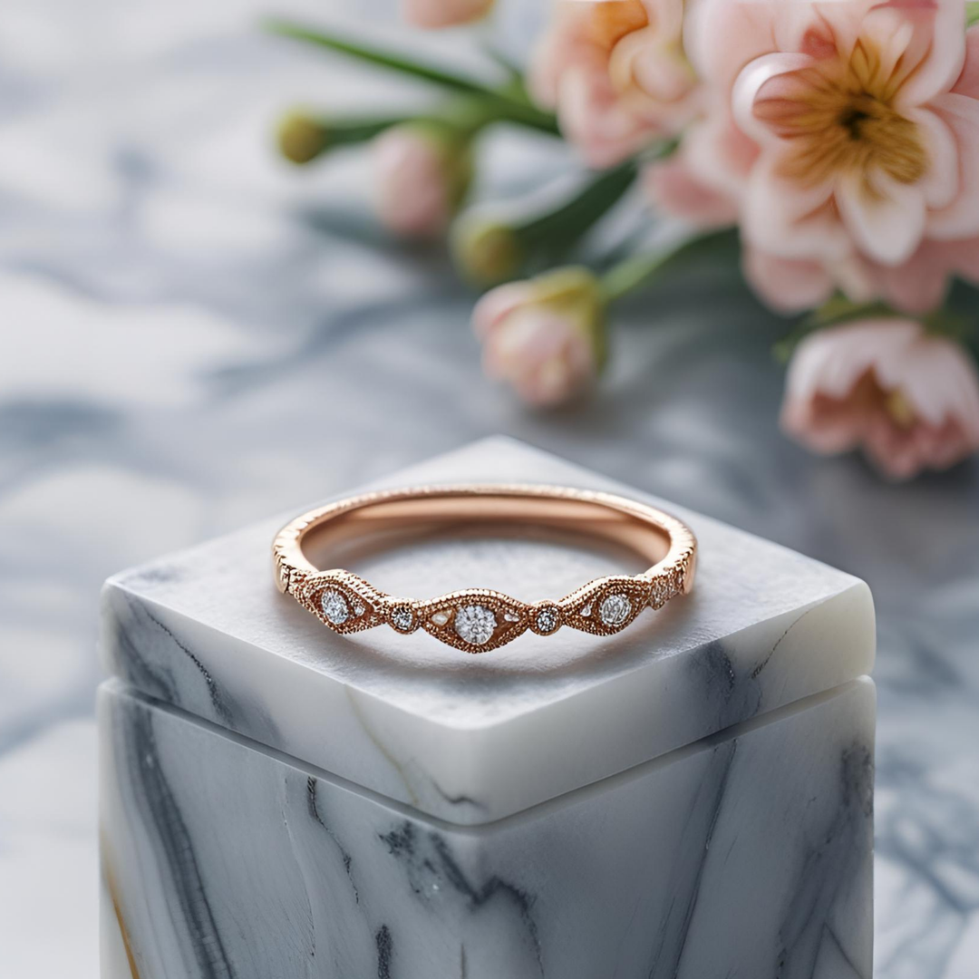 Diamond wedding band with marquise shaped design with round diamond accents, vintage style milgrain edges, and Edwardian inspired design | Unique Vintage Style Wedding Rings | Rare Earth Jewelry