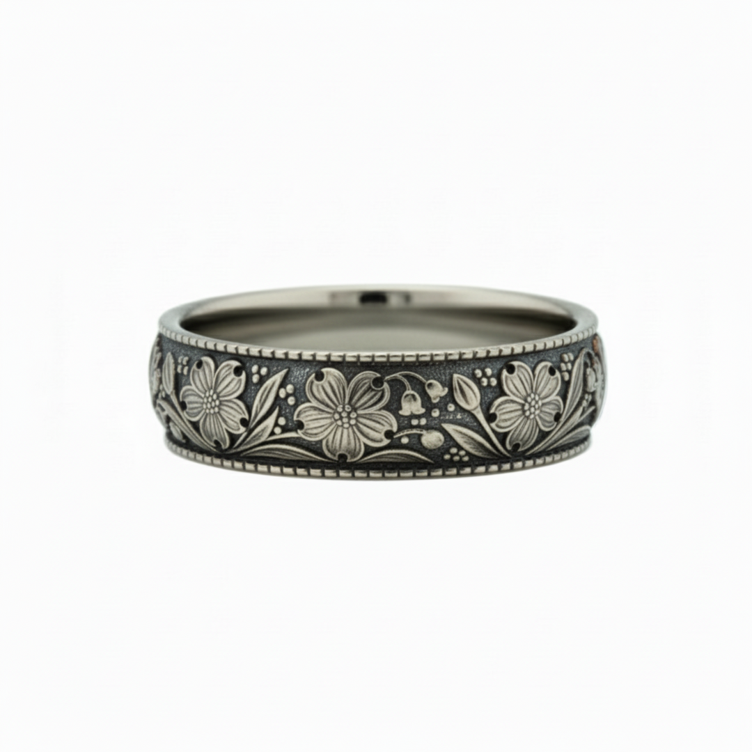 Dogwood flower engraved band with antique dark patina finish in 14K white gold, botanical nature ring | Rare Earth Jewelry