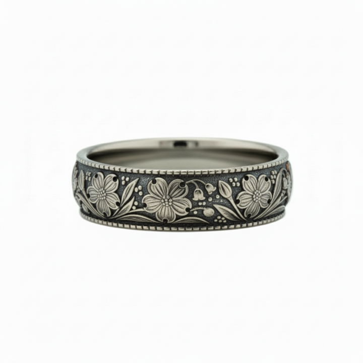 Dogwood flower engraved band with antique dark patina finish in 14K white gold, botanical nature ring | Rare Earth Jewelry
