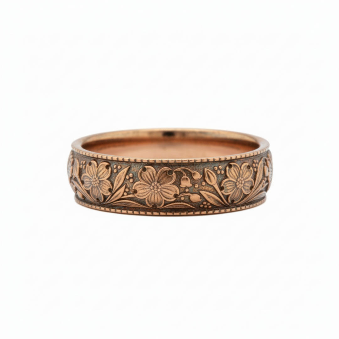 Dogwood blossom wedding band in 14K rose gold with oxidized antique finish, engraved floral and leaf design wedding ring | Rare Earth Jewelry