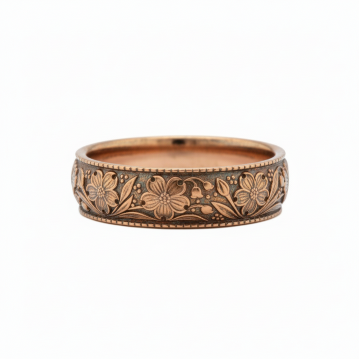Dogwood blossom wedding band in 14K rose gold with oxidized antique finish, engraved floral and leaf design wedding ring | Rare Earth Jewelry