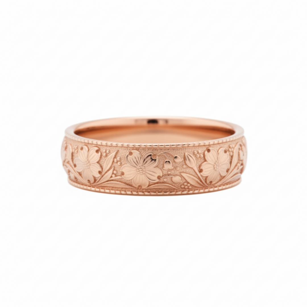 Dogwood flower engraved ring in 14K rose gold, nature inspired floral band with blossoms and botanical design | Rare Earth Jewelry