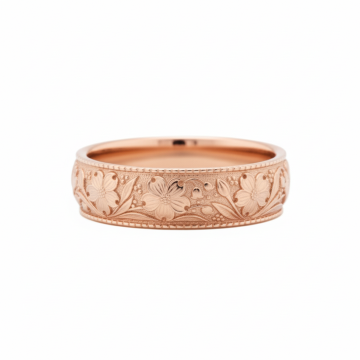 Dogwood flower engraved ring in 14K rose gold, nature inspired floral band with blossoms and botanical design | Rare Earth Jewelry