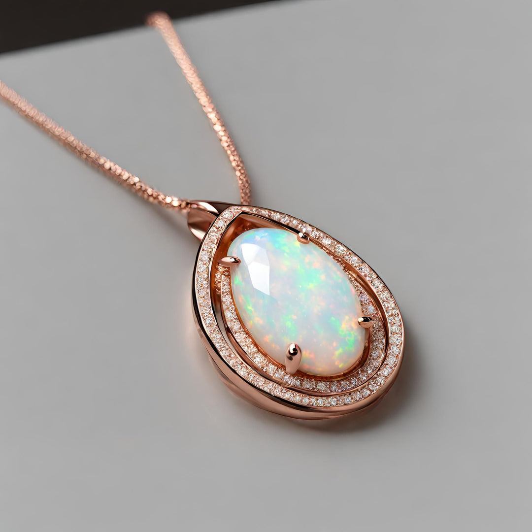 A modern geometric pendant with an oval Opal and Diamonds in Rose Gold from Rare Earth Jewelry.