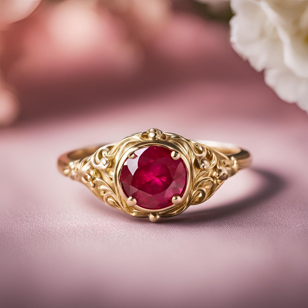 An Edwardian style round ruby engagement ring with an ornate filigree antique design from Rare Earth Jewelry.