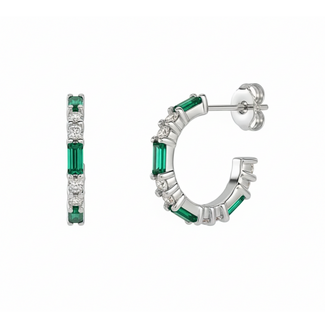 Emerald and Diamond Hoop Earrings, with alternating Emerald baguettes and round diamonds, shown in 14K White Gold, Green Gemstone Earrings, May Birthstone Hoops | Rare Earth Jewelry