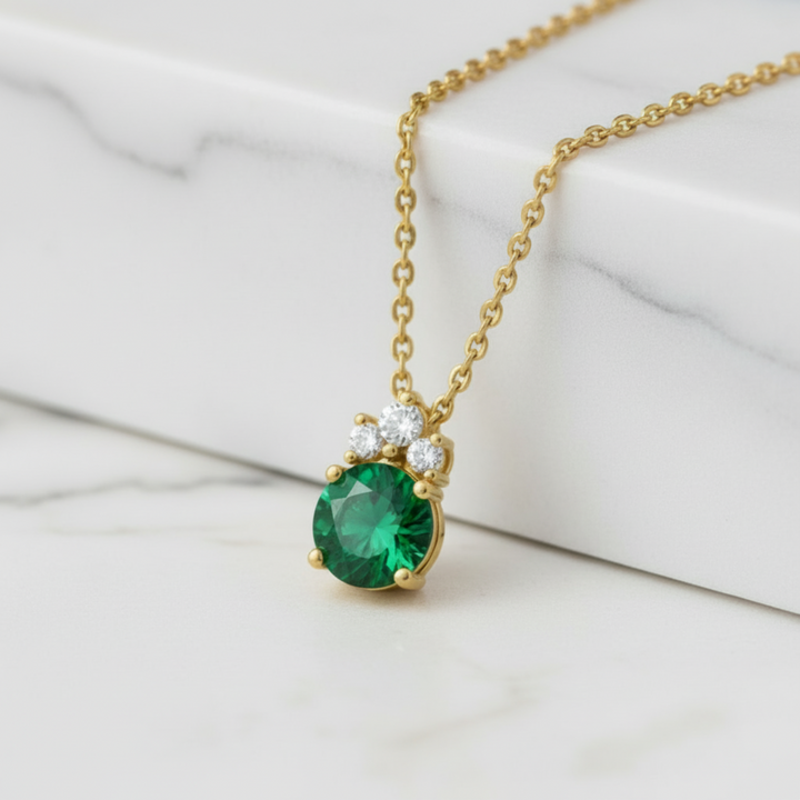 Emerald necklace in 14K Gold, May birthstone necklace, round emerald and diamond pendant | Rare Earth Jewelry