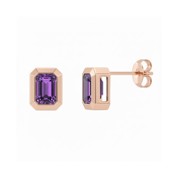 Emerald cut Amethyst stud earrings in 14K Rose Gold bezel set studs with natural purple gemstone | Rare Earth Jewelry