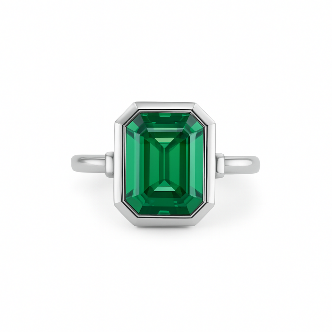 Emerald Bezel Set Ring,  2 Carat Emerald Engagement Ring with Modern Minimalist Design, Shown in Platinum | Rare Earth Jewelry