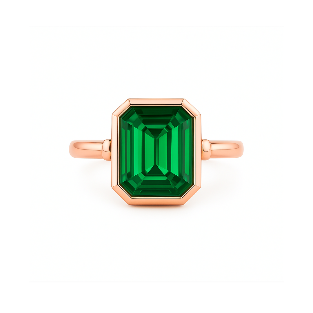 Rose Gold Emerald Ring, 9x7mm Emerald Cut Bezel Setting, Unique Minimalist Engagement Ring, May Birthstone Statement Ring  | Rare Earth Jewelry