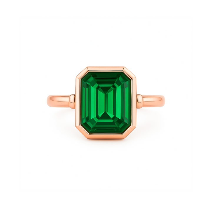Rose Gold Emerald Ring, 9x7mm Emerald Cut Bezel Setting, Unique Minimalist Engagement Ring, May Birthstone Statement Ring  | Rare Earth Jewelry